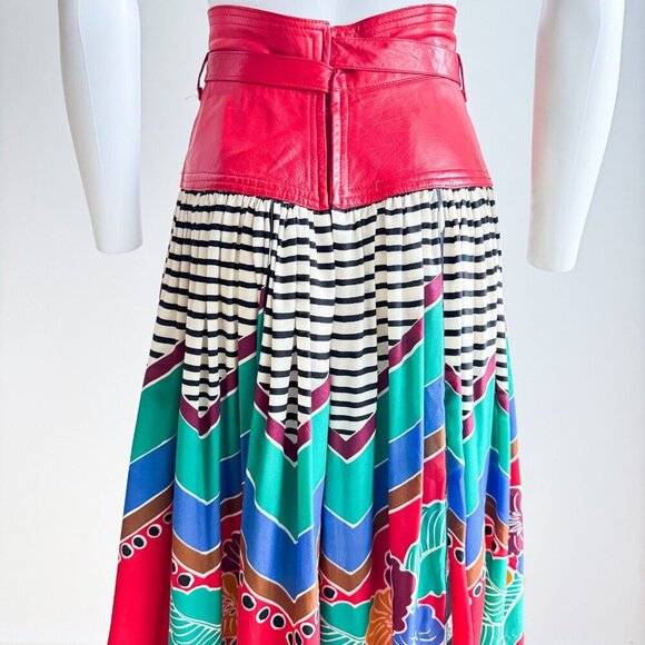 Vintage Wayne Clark Colourful Geometric Print Leather Detail Maxi Skirt S - Picture 10 of 10
